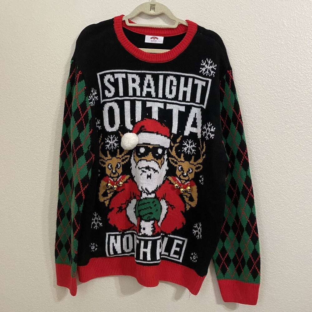 Ugly Christmas Mens Sweater Size 2XL Straight Outta North Pole Santa Reigndeers